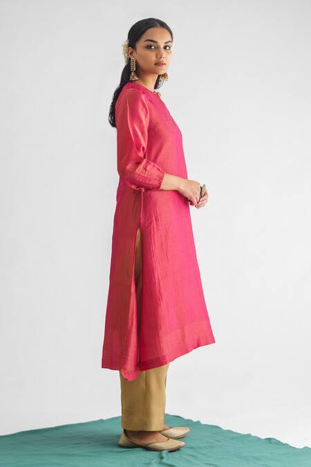 Shop Mushio Pink Georgette, Silk, Brocade Sequins Round Neck Placement Work Kurta With Pant Online at Aza Fashions Shop_Mushio_Pink Georgette, Silk, Brocade Sequins Round Neck Placement Work Kurta With Pant _Online_at_Aza_Fashions