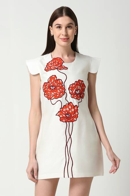 Neha Gursahani Ivory Cotton Silk Embroidered Floral Round Short Dress Online at Aza Fashions Neha Gursahani_Ivory Cotton Silk Embroidered Floral Round Short Dress _Online_at_Aza_Fashions