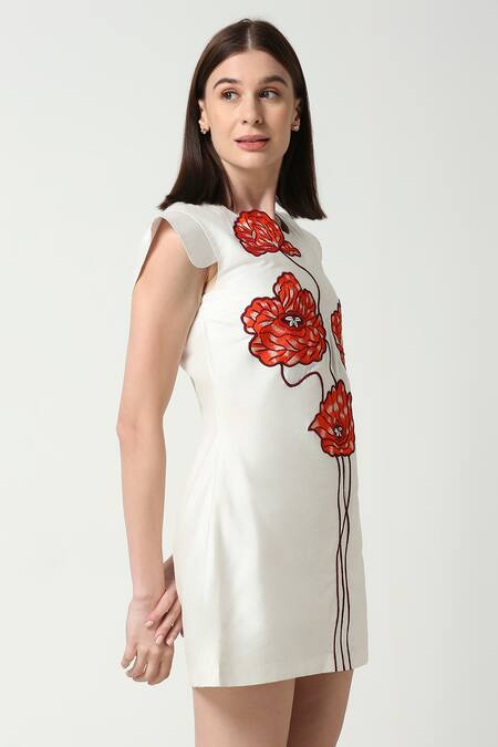 Shop Neha Gursahani Ivory Cotton Silk Embroidered Floral Round Short Dress Online at Aza Fashions Shop_Neha Gursahani_Ivory Cotton Silk Embroidered Floral Round Short Dress _Online_at_Aza_Fashions