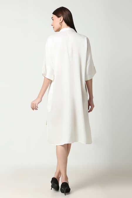 Shop Neha Gursahani White Satin Linen Embroidered Motif Collared Floral Tasseled Shirt Dress at Aza Fashions Shop_Neha Gursahani_White Satin Linen Embroidered Motif Collared Floral Tasseled Shirt Dress _at_Aza_Fashions