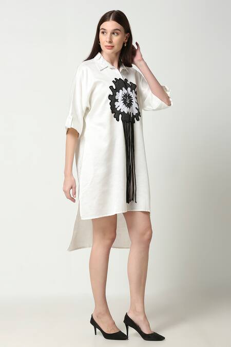 Buy Neha Gursahani White Satin Linen Embroidered Motif Collared Floral Tasseled Shirt Dress Online at Aza Fashions Buy_Neha Gursahani_White Satin Linen Embroidered Motif Collared Floral Tasseled Shirt Dress _Online_at_Aza_Fashions