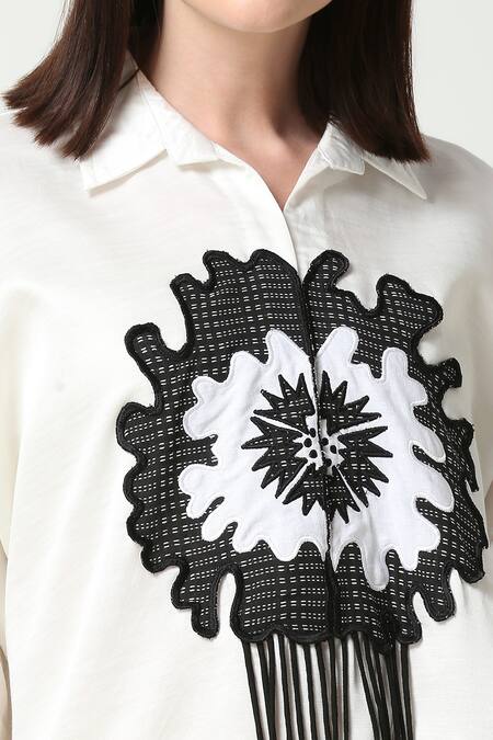 Shop Neha Gursahani White Satin Linen Embroidered Motif Collared Floral Tasseled Shirt Dress Online at Aza Fashions Shop_Neha Gursahani_White Satin Linen Embroidered Motif Collared Floral Tasseled Shirt Dress _Online_at_Aza_Fashions