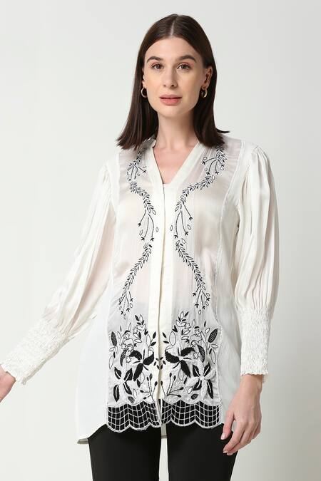 Neha Gursahani_White Viscose Organza Embroidered Floral Collared Shirt _Online_at_Aza_Fashions