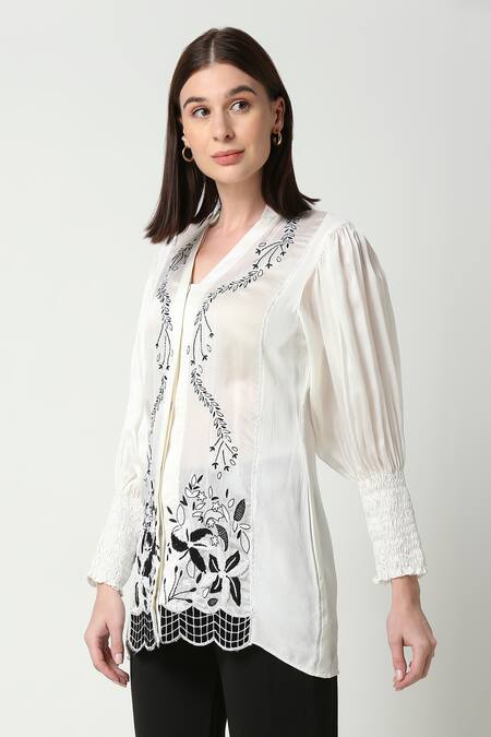 Buy_Neha Gursahani_White Viscose Organza Embroidered Floral Collared Shirt _Online_at_Aza_Fashions