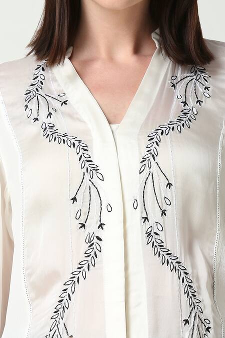 Neha Gursahani_White Viscose Organza Embroidered Floral Collared Shirt _at_Aza_Fashions