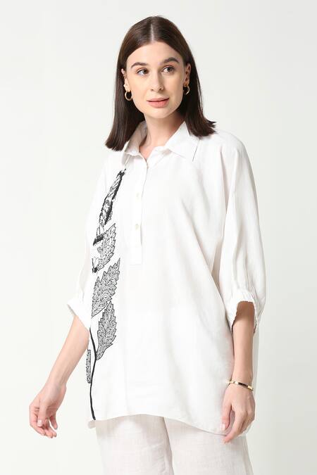 Buy_Neha Gursahani_White Cotton Linen Embroidered Bead Collared Floral Motif Shirt _Online_at_Aza_Fashions
