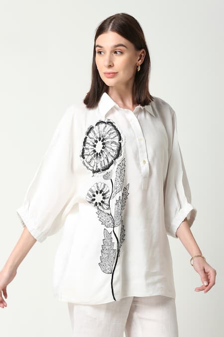 Shop_Neha Gursahani_White Cotton Linen Embroidered Bead Collared Floral Motif Shirt _Online_at_Aza_Fashions