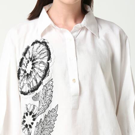Neha Gursahani_White Cotton Linen Embroidered Bead Collared Floral Motif Shirt _at_Aza_Fashions