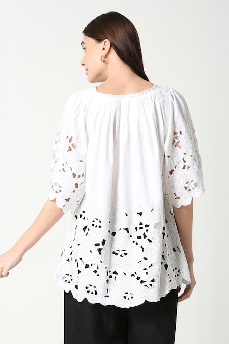 Shop_Neha Gursahani_White Cotton Linen Round Floral Cutwork Tunic _at_Aza_Fashions