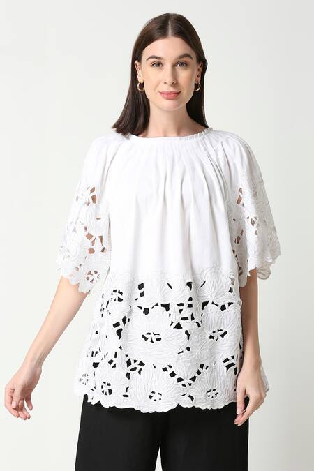 Neha Gursahani_White Cotton Linen Round Floral Cutwork Tunic _Online_at_Aza_Fashions