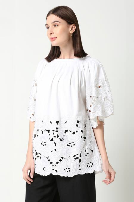 Buy_Neha Gursahani_White Cotton Linen Round Floral Cutwork Tunic _Online_at_Aza_Fashions
