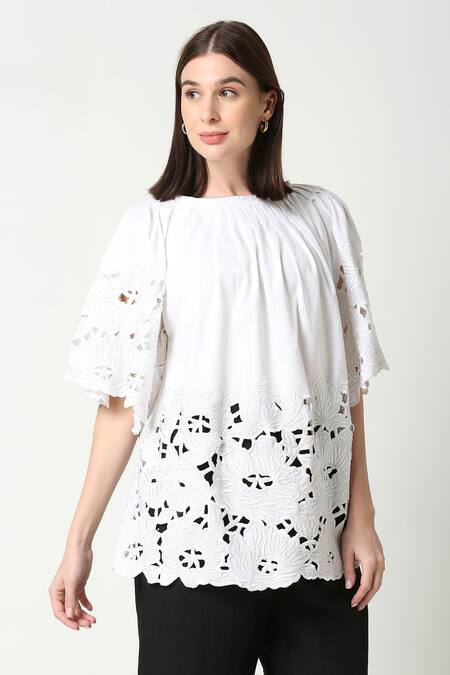 Shop_Neha Gursahani_White Cotton Linen Round Floral Cutwork Tunic _Online_at_Aza_Fashions