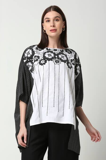 Neha Gursahani Black Cotton Linen Embroidered Patchwork Round Floral Kaftan Online at Aza Fashions Neha Gursahani_Black Cotton Linen Embroidered Patchwork Round Floral Kaftan _Online_at_Aza_Fashions