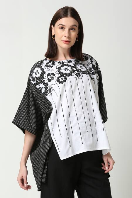 Shop_Neha Gursahani_Black Cotton Linen Embroidered Patchwork Round Floral Kaftan _Online_at_Aza_Fashions