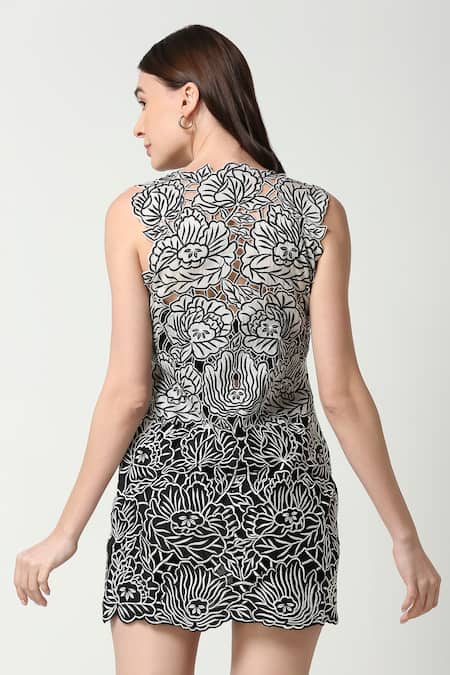 Shop Neha Gursahani Black Viscose, Organza Embroidery Rosette Cutwork Dress at Aza Fashions Shop_Neha Gursahani_Black Viscose, Organza Embroidery Rosette Cutwork Dress _at_Aza_Fashions