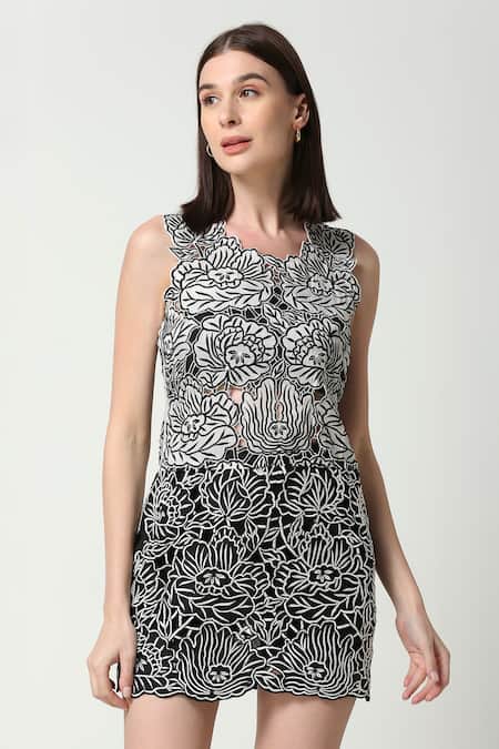 Neha Gursahani Black Viscose, Organza Embroidery Rosette Cutwork Dress Online at Aza Fashions Neha Gursahani_Black Viscose, Organza Embroidery Rosette Cutwork Dress _Online_at_Aza_Fashions