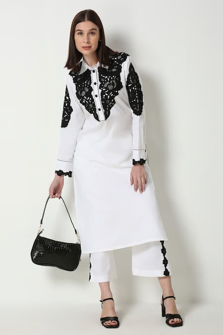 Neha Gursahani Black Cotton Linen Embroidered Cutwork Collared Tunic And Pant Set