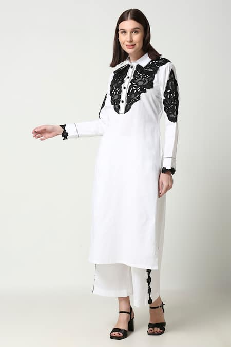 Neha Gursahani Black Cotton, Linen Cut Work Collared Embroidered Tunic And Pant Set Online at Aza Fashions Neha Gursahani_Black Cotton, Linen Cut Work Collared Embroidered Tunic And Pant Set _Online_at_Aza_Fashions
