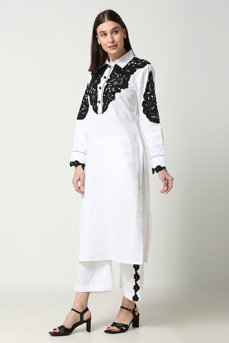 Buy_Neha Gursahani_Black Cotton, Linen Cut Work Collared Embroidered Tunic And Pant Set _Online_at_Aza_Fashions