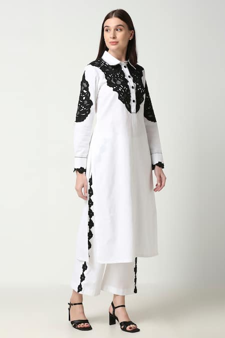 Shop Neha Gursahani Black Cotton, Linen Cut Work Collared Embroidered Tunic And Pant Set Online at Aza Fashions Shop_Neha Gursahani_Black Cotton, Linen Cut Work Collared Embroidered Tunic And Pant Set _Online_at_Aza_Fashions