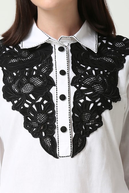 Neha Gursahani Black Cotton, Linen Cut Work Collared Embroidered Tunic And Pant Set at Aza Fashions Neha Gursahani_Black Cotton, Linen Cut Work Collared Embroidered Tunic And Pant Set _at_Aza_Fashions