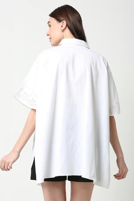 Shop_Neha Gursahani_White Cotton Linen Collared Cutwork Kaftan Shirt _at_Aza_Fashions