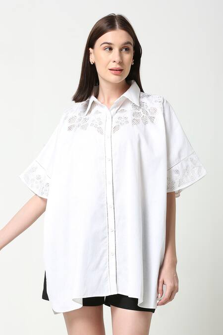 Neha Gursahani_White Cotton Linen Collared Cutwork Kaftan Shirt _Online_at_Aza_Fashions