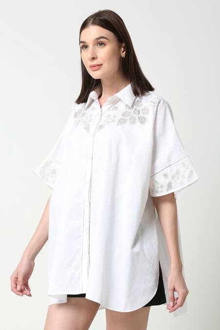 Buy_Neha Gursahani_White Cotton Linen Collared Cutwork Kaftan Shirt _Online_at_Aza_Fashions