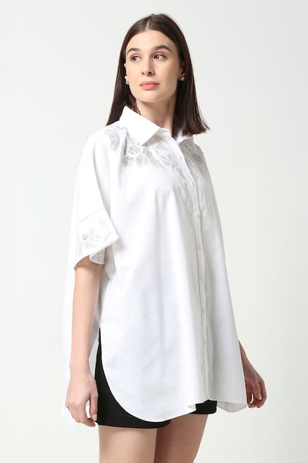 Shop_Neha Gursahani_White Cotton Linen Collared Cutwork Kaftan Shirt _Online_at_Aza_Fashions