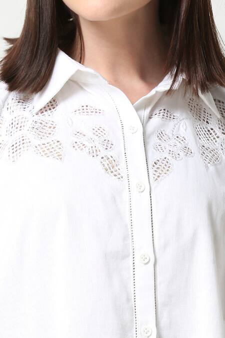 Neha Gursahani_White Cotton Linen Collared Cutwork Kaftan Shirt _at_Aza_Fashions