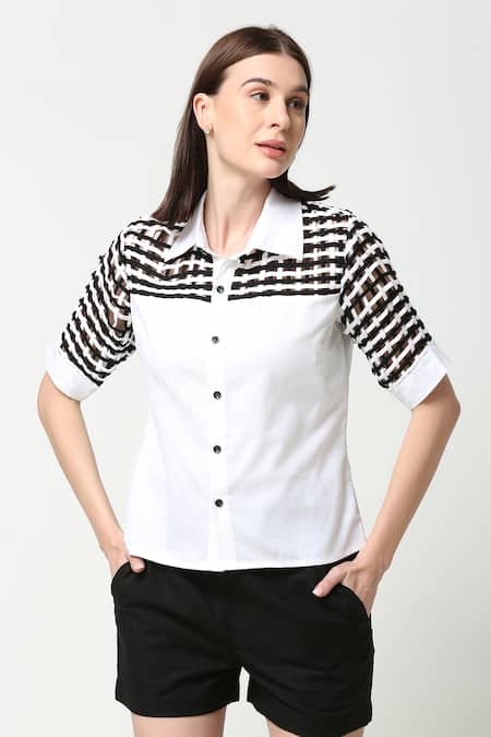 Neha Gursahani_Black Cotton Linen Collared Woven Weft Shirt _Online_at_Aza_Fashions