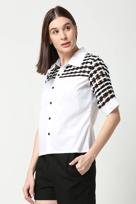 Buy_Neha Gursahani_Black Cotton Linen Collared Woven Weft Shirt _Online_at_Aza_Fashions