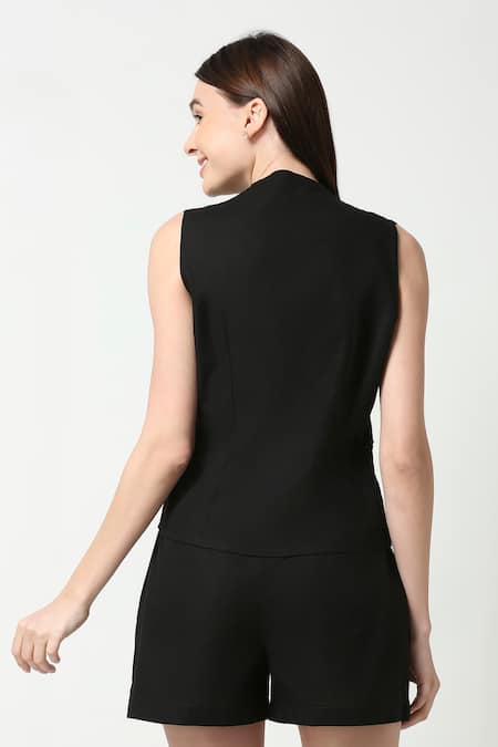 Shop_Neha Gursahani_Black Cotton Linen Cutwork Sleeveless Waistcoat _at_Aza_Fashions