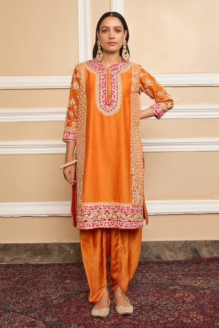 Sheetal Batra Orange Kurta Silk Chanderi Embroidery Mehnoor Floral And Dhoti Pant Set