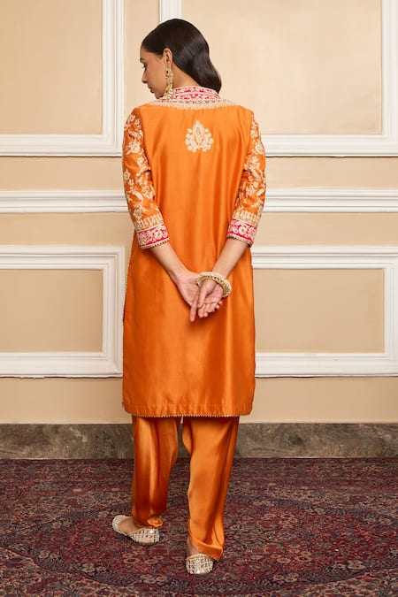 Shop Sheetal Batra Orange Silk, Chanderi Embroidery, Gota Mehnoor Floral Kurta And Dhoti Pant Set at Aza Fashions Shop_Sheetal Batra_Orange Silk, Chanderi Embroidery, Gota Mehnoor Floral Kurta And Dhoti Pant Set _at_Aza_Fashions