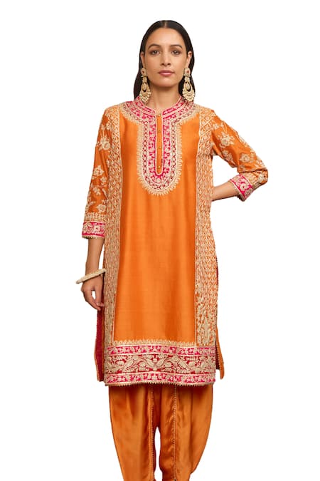Buy Sheetal Batra Orange Silk, Chanderi Embroidery, Gota Mehnoor Floral Kurta And Dhoti Pant Set Online at Aza Fashions Buy_Sheetal Batra_Orange Silk, Chanderi Embroidery, Gota Mehnoor Floral Kurta And Dhoti Pant Set _Online_at_Aza_Fashions
