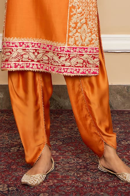 Buy Sheetal Batra Orange Silk, Chanderi Embroidery, Gota Mehnoor Floral Kurta And Dhoti Pant Set Buy_Sheetal Batra_Orange Silk, Chanderi Embroidery, Gota Mehnoor Floral Kurta And Dhoti Pant Set