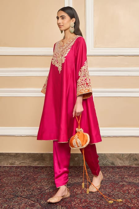 Shop_Sheetal Batra_Pink Silk, Chanderi, Bamboo Embroidery Split Mehrish Yoke Choga And Salwar Set _Online_at_Aza_Fashions