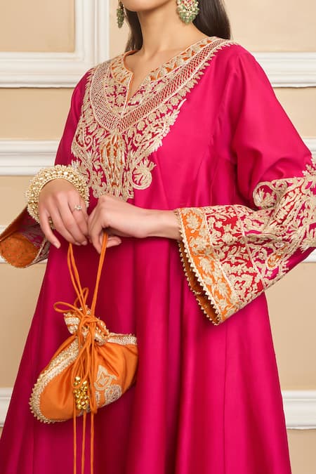 Sheetal Batra_Pink Silk, Chanderi, Bamboo Embroidery Split Mehrish Yoke Choga And Salwar Set _at_Aza_Fashions