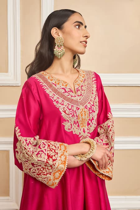 Buy_Sheetal Batra_Pink Silk, Chanderi, Bamboo Embroidery Split Mehrish Yoke Choga And Salwar Set 