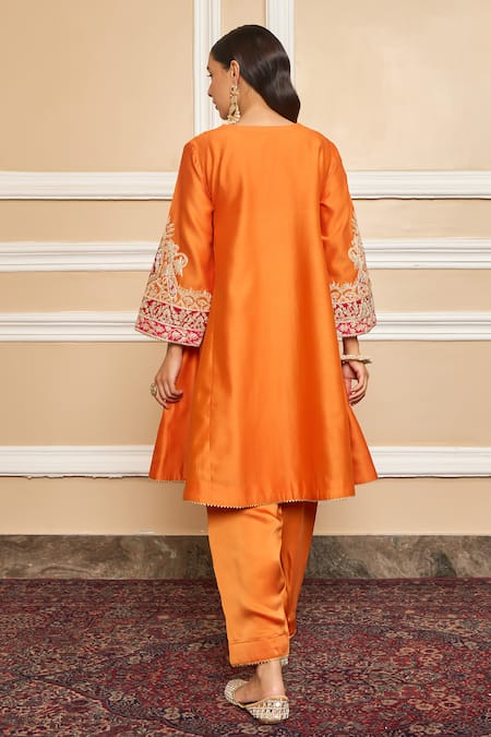 Sheetal Batra Orange Silk, Chanderi Embroidery Split V-neck Mehrish Floral Choga And Salwar Set Online at Aza Fashions Sheetal Batra_Orange Silk, Chanderi Embroidery Split V-neck Mehrish Floral Choga And Salwar Set _Online_at_Aza_Fashions