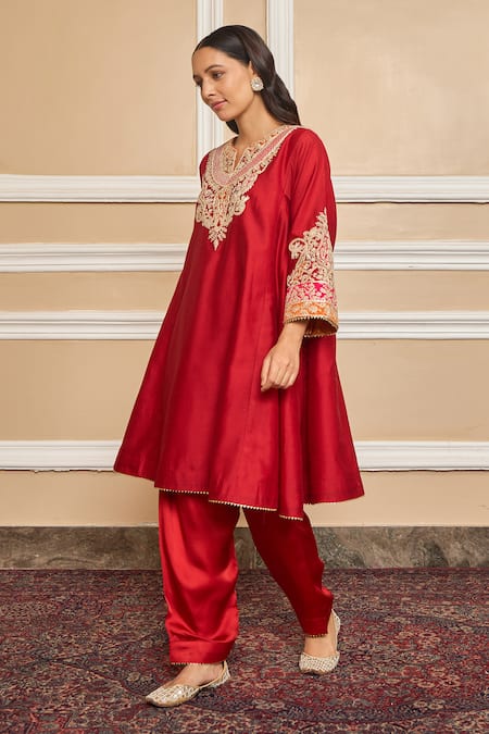 Buy_Sheetal Batra_Red Silk, Chanderi, Bamboo, Satin Gota Mehrish Applique Choga And Salwar Set _Online_at_Aza_Fashions