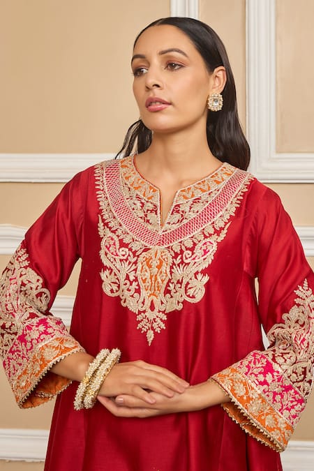 Shop_Sheetal Batra_Red Silk, Chanderi, Bamboo, Satin Gota Mehrish Applique Choga And Salwar Set _Online_at_Aza_Fashions