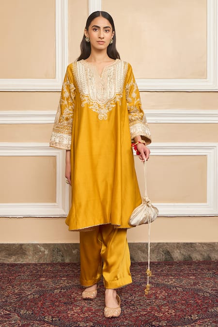 Sheetal Batra Yellow Choga Silk Chanderi Embroidery Mohsina Gota Applique Work And Salwar Set