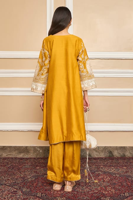 Sheetal Batra Yellow Silk, Bamboo Embroidery, Gota Glaze Mustard Applique Choga And Salwar Set Online at Aza Fashions Sheetal Batra_Yellow Silk, Bamboo Embroidery, Gota Glaze Mustard Applique Choga And Salwar Set _Online_at_Aza_Fashions