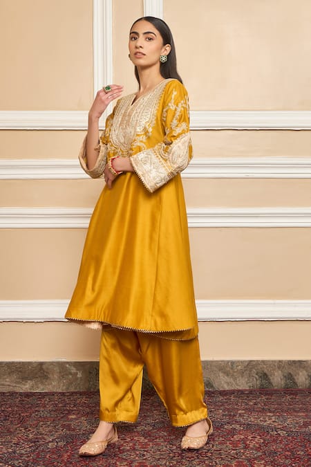 Buy Sheetal Batra Yellow Silk, Bamboo Embroidery, Gota Glaze Mustard Applique Choga And Salwar Set Online at Aza Fashions Buy_Sheetal Batra_Yellow Silk, Bamboo Embroidery, Gota Glaze Mustard Applique Choga And Salwar Set _Online_at_Aza_Fashions
