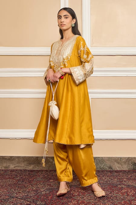 Shop Sheetal Batra Yellow Silk, Bamboo Embroidery, Gota Glaze Mustard Applique Choga And Salwar Set Online at Aza Fashions Shop_Sheetal Batra_Yellow Silk, Bamboo Embroidery, Gota Glaze Mustard Applique Choga And Salwar Set _Online_at_Aza_Fashions