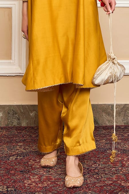 Sheetal Batra Yellow Silk, Bamboo Embroidery, Gota Glaze Mustard Applique Choga And Salwar Set at Aza Fashions Sheetal Batra_Yellow Silk, Bamboo Embroidery, Gota Glaze Mustard Applique Choga And Salwar Set _at_Aza_Fashions