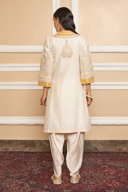 Shop Sheetal Batra Ivory Silk, Chanderi Gota Patti Myreen Embroidered Short Kurta And Dhoti Pant Set at Aza Fashions Shop_Sheetal Batra_Ivory Silk, Chanderi Gota Patti Myreen Embroidered Short Kurta And Dhoti Pant Set _at_Aza_Fashions