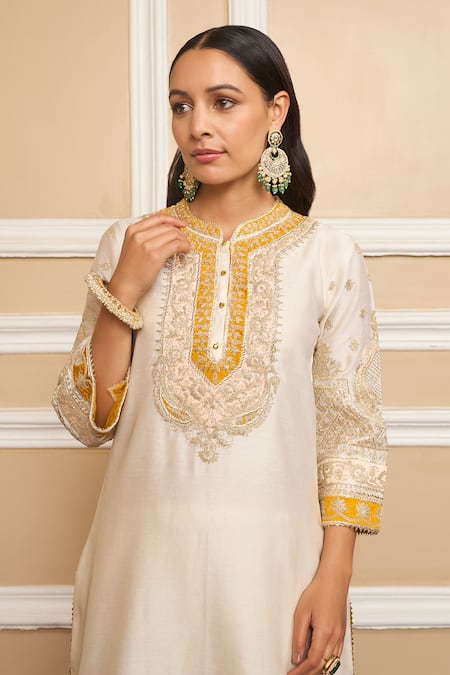 Sheetal Batra Ivory Silk, Chanderi Gota Patti Myreen Embroidered Short Kurta And Dhoti Pant Set Online at Aza Fashions Sheetal Batra_Ivory Silk, Chanderi Gota Patti Myreen Embroidered Short Kurta And Dhoti Pant Set _Online_at_Aza_Fashions